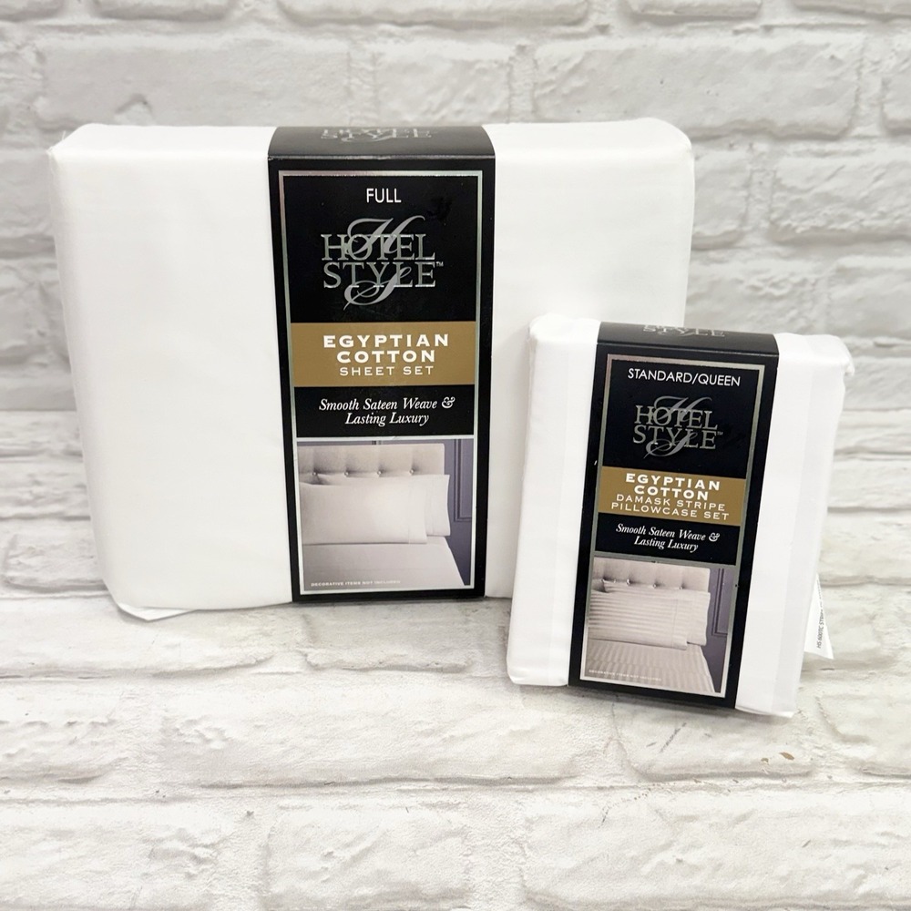 Hotel Style 600TC Egyptian Cotton Sateen Full Size Sheet Set 6pc White + Stripe